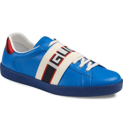 Shop Gucci New Ace Stripe Leather Sneaker In Blue