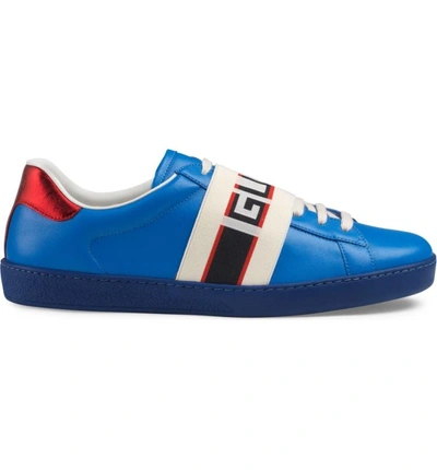 Shop Gucci New Ace Stripe Leather Sneaker In Blue