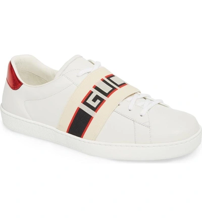 Shop Gucci New Ace Stripe Leather Sneaker In Bianco/ White Flame
