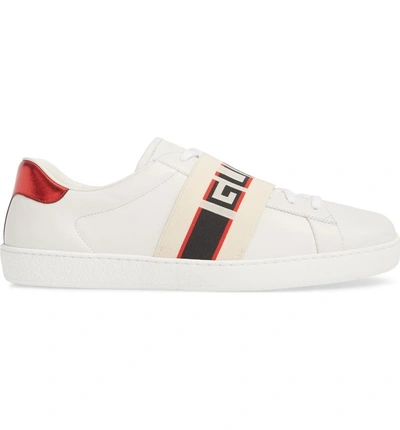 Shop Gucci New Ace Stripe Leather Sneaker In Bianco/ White Flame