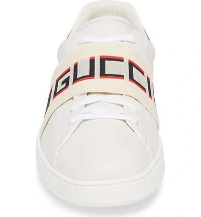 Shop Gucci New Ace Stripe Leather Sneaker In Bianco/ White Flame