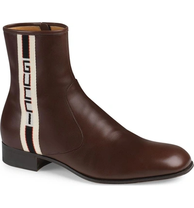 Shop Gucci Stripe Leather Boot In Light Brown