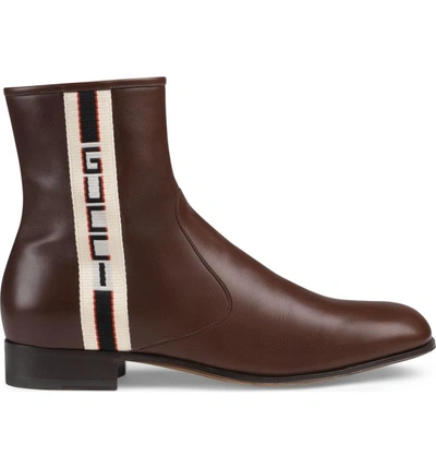 Shop Gucci Stripe Leather Boot In Light Brown