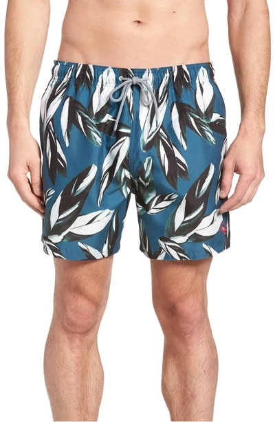 Shop Ted Baker Bury Leaf Print Swim Shorts In Teal