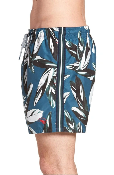 Shop Ted Baker Bury Leaf Print Swim Shorts In Teal