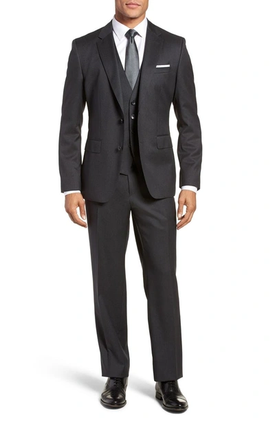 Shop Hugo Boss Lenon Cyl Flat Front Straight Leg Solid Wool Dress Pants In Dark Grey