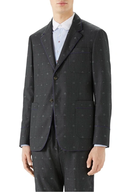 Shop Gucci Bee & Heart Print Wool Sport Coat In Dark Grey