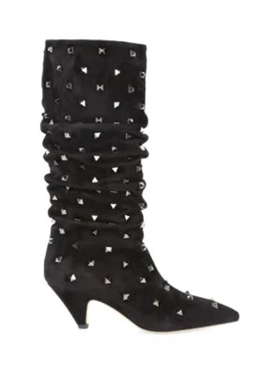 Shop Valentino Studded Suede Mid-calf Boots In Black