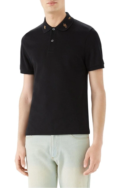 Shop Gucci Gold Embroidered Pique Polo In Black