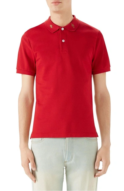 Shop Gucci Gold Embroidered Pique Polo In Red