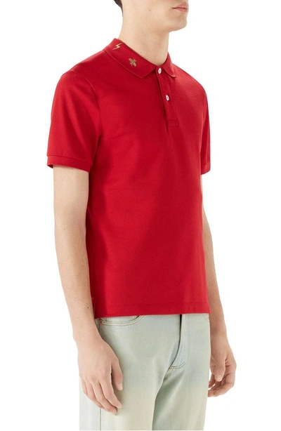 Shop Gucci Gold Embroidered Pique Polo In Red