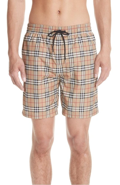 Shop Burberry Guildes New Check Swim Trunks In Camel