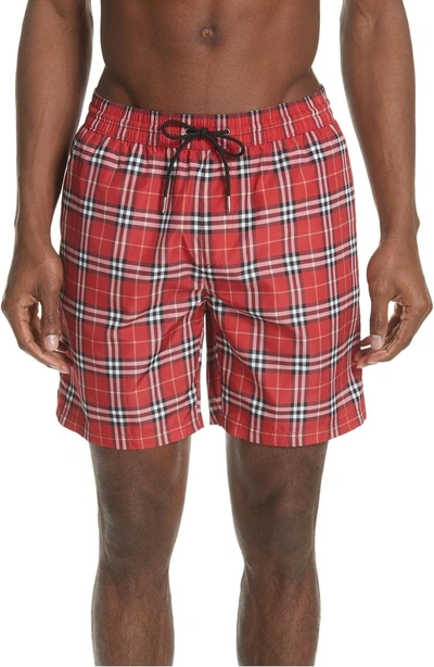 Shop Burberry Guides New Check Swim Trunks In Parade Red