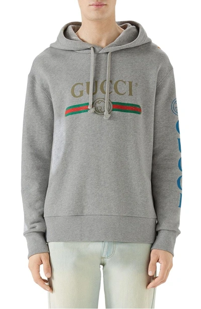 Shop Gucci Vintage Logo Embroidered Pullover Hoodie In Medium Grey