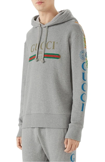 Shop Gucci Vintage Logo Embroidered Pullover Hoodie In Medium Grey