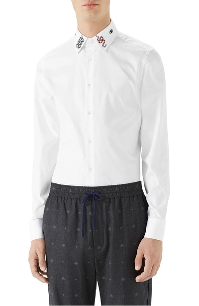 Shop Gucci Embroidered Collar Emblem Sport Shirt In White