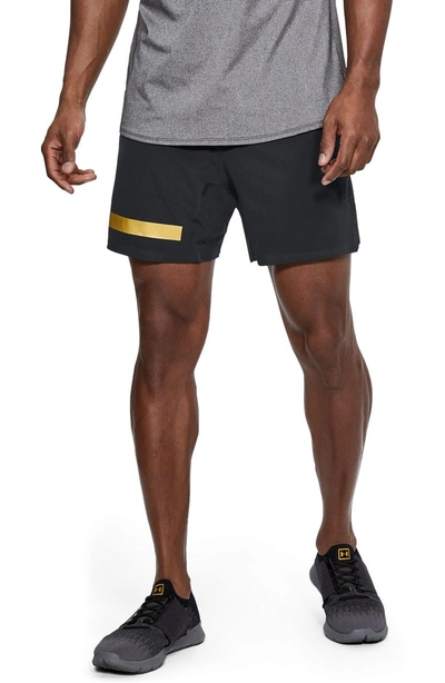 Shop Under Armour Perpetual Fitted Shorts In Black/ Metallic Victory Gold