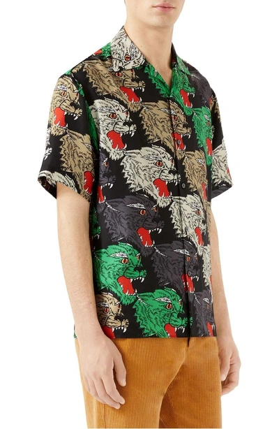 Shop Gucci Allover Panther Print Silk Camp Shirt In Black