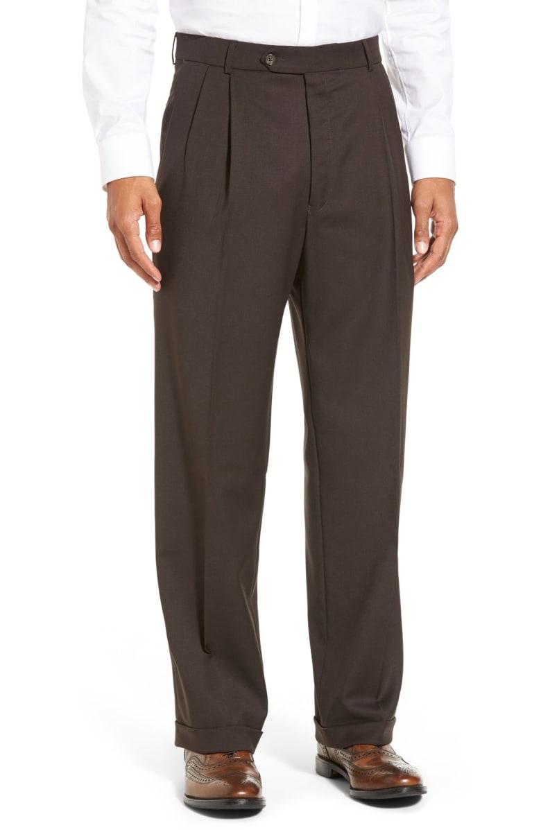 Ballin Classic Fit Pleated Solid Wool Dress Pants In Brown | ModeSens