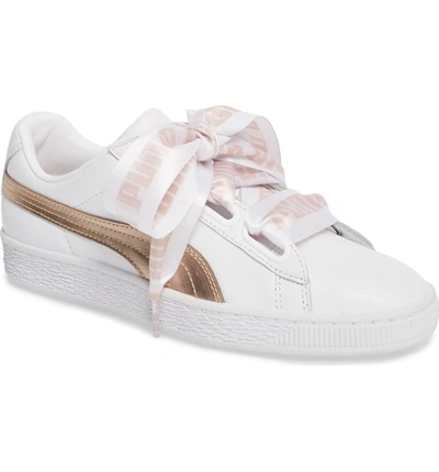 Shop Puma Basket Heart Sneaker In White/ Rose Gold Leather