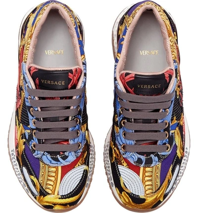Shop Versace Multi Print Sneaker In Gold/ Blue/ Red