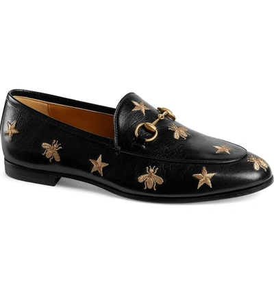Shop Gucci Jordaan Embroidered Bee Loafer In Black