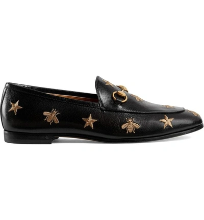 Shop Gucci Jordaan Embroidered Bee Loafer In Black