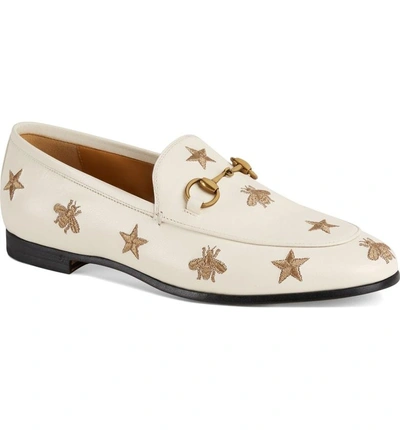 Shop Gucci Jordaan Embroidered Bee Loafer In Mystic White