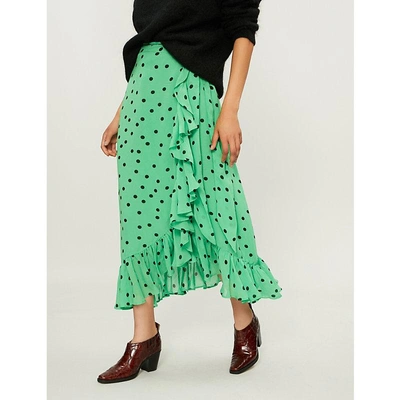 Shop Ganni Dainty Printed Crepe Wrap Skirt In Classic Green