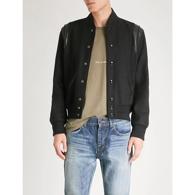 Shop Saint Laurent Leather-trim Wool Bomber Jacket In Black
