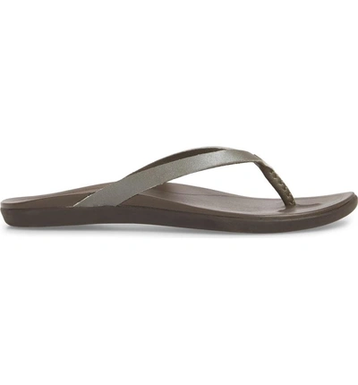 Shop Olukai 'ho Opio' Leather Flip Flop In Dusty Olive/ Dark Java Fabric