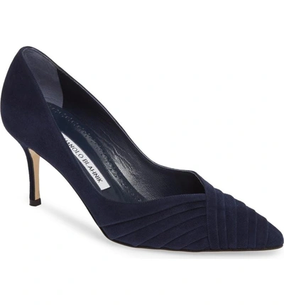 Shop Manolo Blahnik Croda Pleated Pointy Toe Pump In Navy Suede