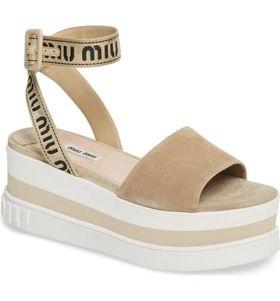 Shop Miu Miu Logo Strap Platform Sandal In Deserto
