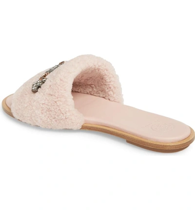Shop Tory Burch Embellished Genuine Shearling Slide Sandal In Sea Shell Pink
