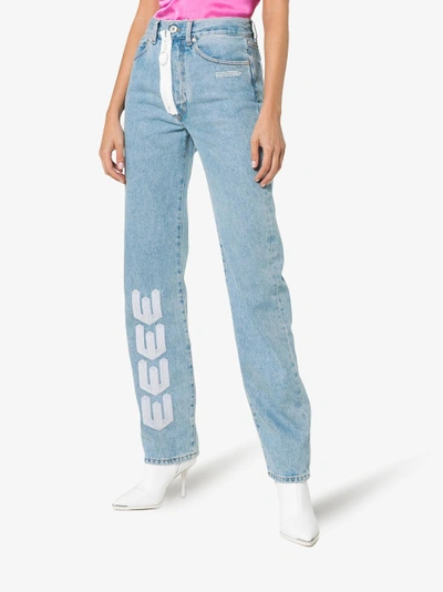 Shop Off-white Embroidered Arrow Straight Leg Jeans In Blue