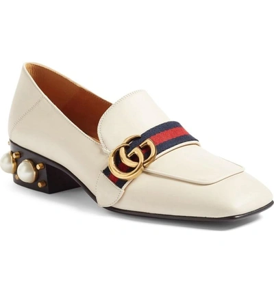 Shop Gucci Embellished Heel Loafer In White Leather
