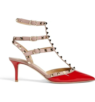 Shop Valentino Rockstud Pointy Toe Pump In Red Patent