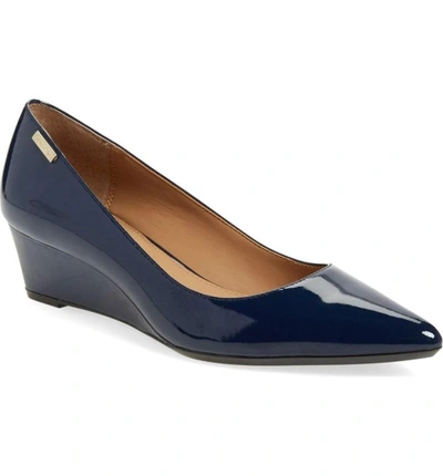 Shop Calvin Klein 'germina' Pointy Toe Wedge In Navy Patent Leather