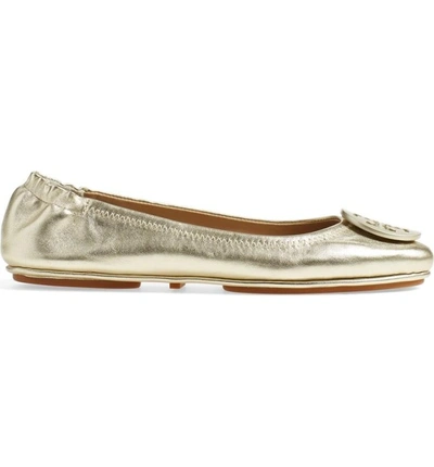 Shop Tory Burch 'minnie' Travel Ballet Flat In Gold Metallic Soft Nappa