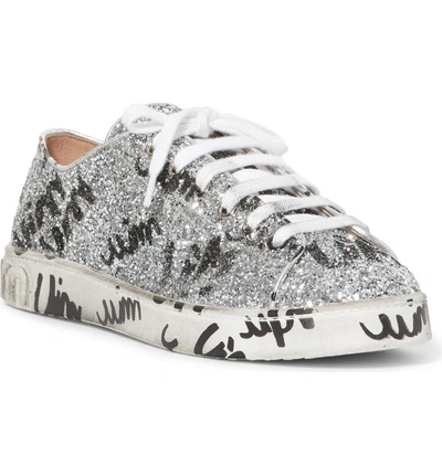 Shop Miu Miu Glitter Logo Sneaker In Silver/ Black