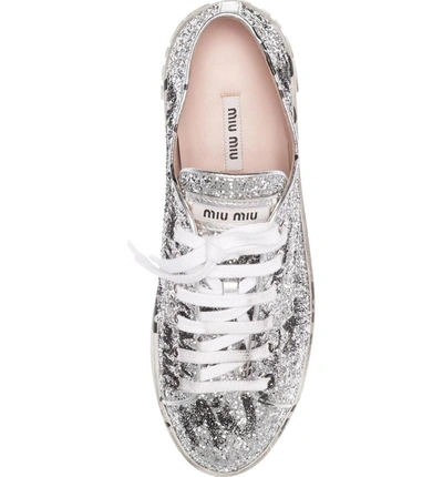 Shop Miu Miu Glitter Logo Sneaker In Silver/ Black