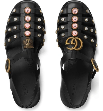 Shop Gucci Marmont Crystal Embellished Fisherman Sandal In Black