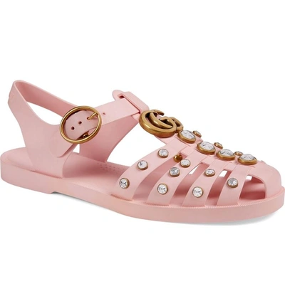 Shop Gucci Marmont Crystal Embellished Fisherman Sandal In Perfect Pink