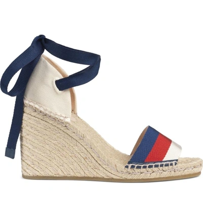 Shop Gucci Lilibeth Sylvie Web Espadrille Wedge Sandal In White/ Blue