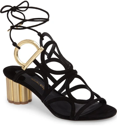 Shop Ferragamo Vinci Lace-up Block Heel Sandal In Black Suede