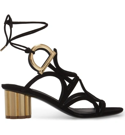 Shop Ferragamo Vinci Lace-up Block Heel Sandal In Black Suede