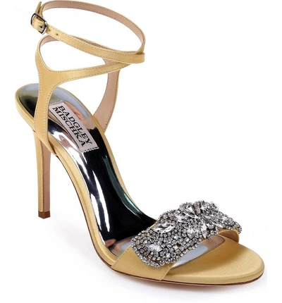 Shop Badgley Mischka Hailey Embellished Ankle Strap Sandal In Banana Cream Satin