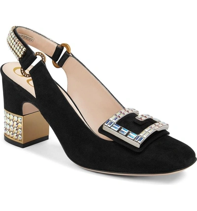 Shop Gucci Crystal Embellished Slingback Pump In Black Suede