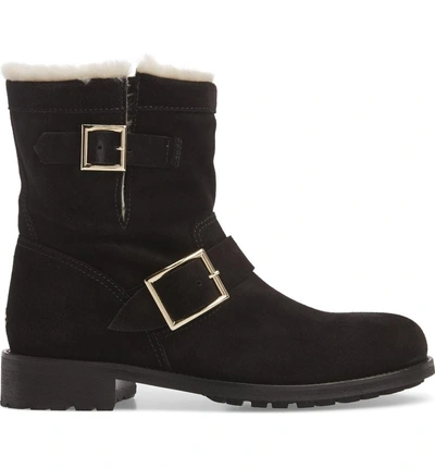 Shop Jimmy Choo Genuine Shearling Moto Boot In Black/ Natural