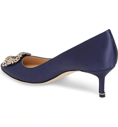 Shop Manolo Blahnik Hangisi Crystal Embellished Pointed Toe Pump In Navy Satin